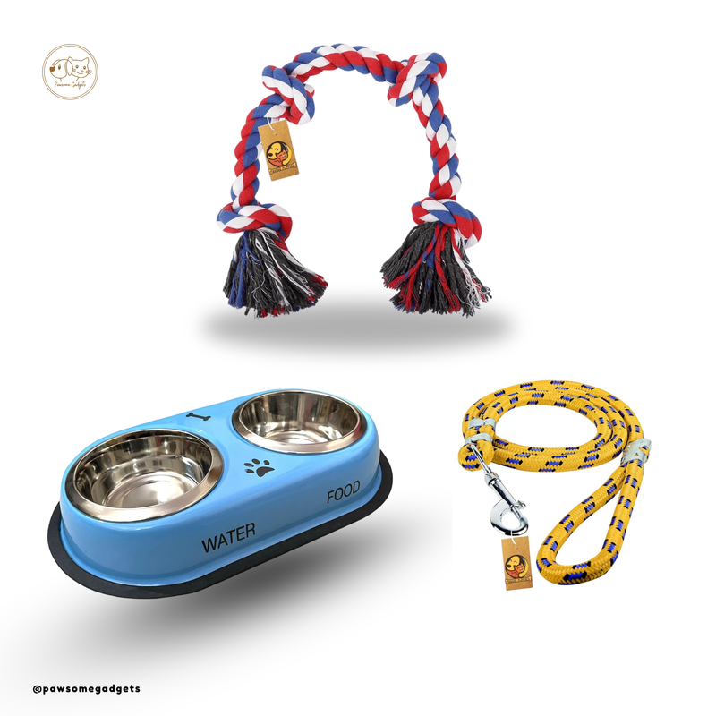 Dog Combo – Stainless Steel Bowl, Leash & Rope Toy Set
